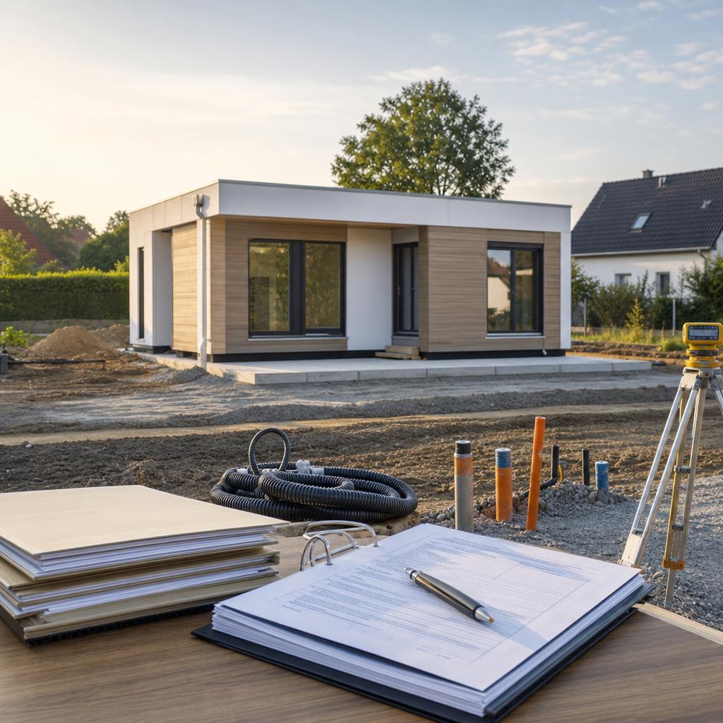 Fertighaus-Baustelle mit Hausanschlüssen und Vermessung für die Baunebenkosten