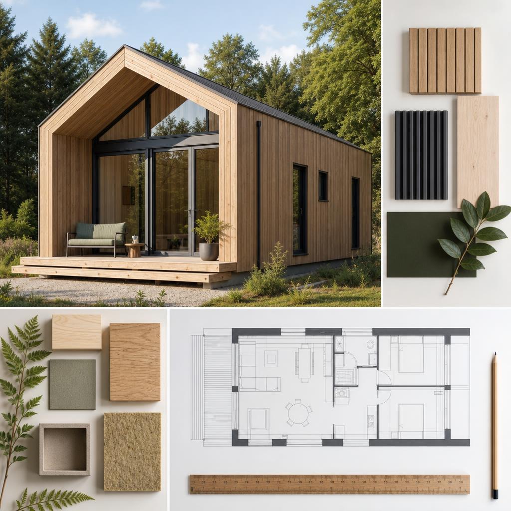 Holz-Fertighaus mit Grundriss und Materialmustern für die Kosten pro Quadratmeter